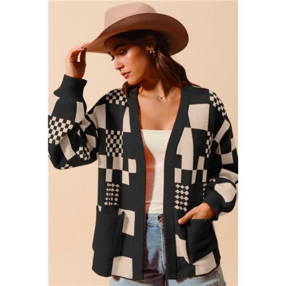 SO ME‎ Checkered Open Front Cardigan with Pockets